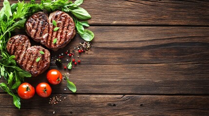 Poster - A rustic wooden table featuring a selection of raw steaks, including ribeye and filet mignon, with seasoning and fresh herbs ready for grilling
