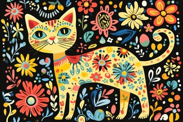Naklejka na meble Art colorful illustration with cat surrounded by flowers. Art poster for decoration your interior and for use in your unique design.
