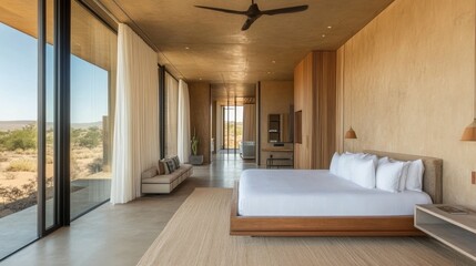 Poster - A spacious bedroom with a minimalist design, featuring a king-size bed, neutral decor, and large windows for an airy, open feel