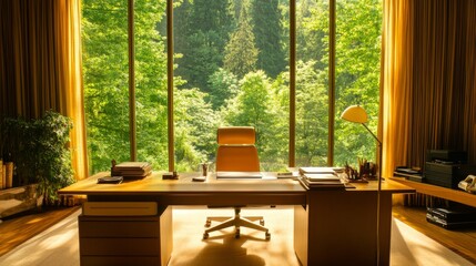Poster - A spacious minimalist workspace with a large desk, an ergonomic chair, and a calming view of nature through a window, promoting productivity and peace