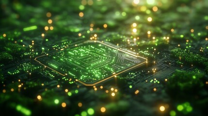 Poster - Green Technology: Illuminated Circuit Board with Abstract Bokeh, representing futuristic computing and technological advancement in an ethereal setting
