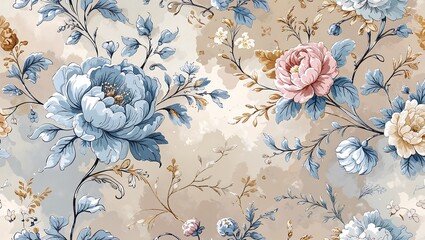 Poster - Hand-Drawn French Toile Floral Pattern with Roses, Peonies, and Daisies in Muted Pastels on Dreamy Vintage Background