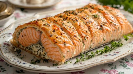 Poster - A stunning image of a salmon en crote, wrapped in flaky pastry with herbs and spices, presented elegantly on a platter, showcasing culinary creativity