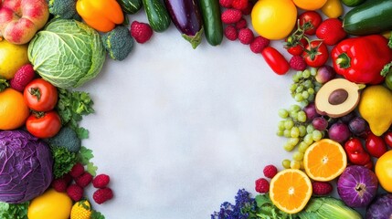 Poster - Circle arrangement of fresh fruits and vegetables on a wooden surface for healthy eating concept