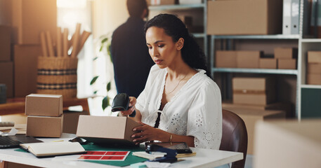 Poster - woman, scanner and box for startup distribution of online orders, invoice and shipping information. 