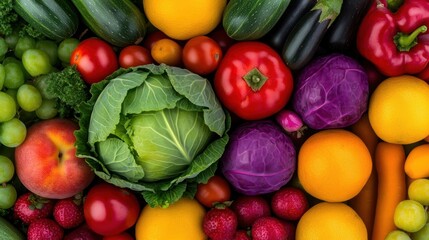 Poster - Assorted fresh fruits and vegetables displayed on a wooden table for healthy eating and nutrition