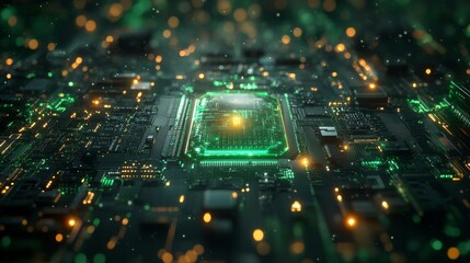 Fototapete - Illuminated Circuit Board: A Futuristic Vision of Technology with Glowing Green and Gold Details, Showcasing Complex Interconnections and High-Tech Innovation.