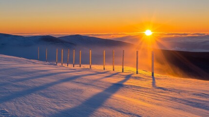 Poster - A vibrant sunrise illuminating a row of utility poles, with the light casting long shadows across a field, symbolizing new beginnings and energy