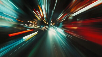 Poster - Blurred motion effect of a highway with streaks of car lights, conveying high-speed movement against a nighttime cityscape