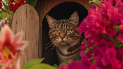 Poster - A wooden cat house with an open door, inviting a curious cat to peek out, surrounded by a lush garden full of vibrant flowers