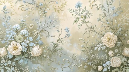 Wall Mural - Hand-Drawn French Toile Floral Pattern with Roses, Peonies, and Daisies in Muted Pastels on Dreamy Vintage Background