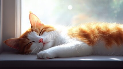 Aufkleber - Close-up of a fat cat peacefully sleeping on a windowsill, with its fur catching the soft morning light and tiny whiskers twitching