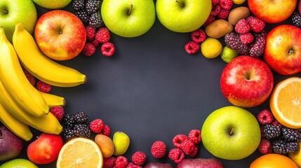 Poster - Circle of assorted fruits arranged on a black background for a vibrant and appealing presentation