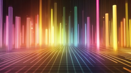 Poster - Colorful D bars rising from a digital grid floor, with subtle lighting and a gradient background to create a dynamic visual