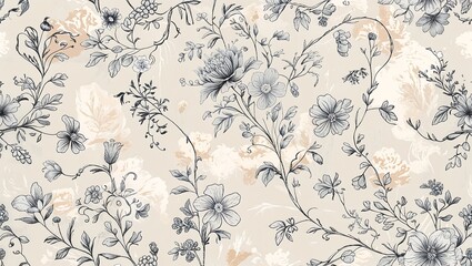 Poster - Intricate French Toile-Inspired Floral Pattern with Delicate Line Art in Muted Pastels on Creamy 