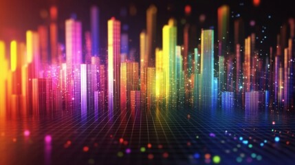 Poster - Colorful D bars rising from a digital grid floor, with subtle lighting and a gradient background to create a dynamic visual
