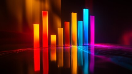 Colorful D bar graph with tall, transparent bars on a reflective surface, casting shadows and illuminated by soft ambient lighting