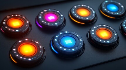 Leinwandbilder - Illuminated Control Panel: Futuristic Interface with Circular Buttons Featuring Diverse Colors and Ambient Lighting, Displaying a Sleek, Technological Design.