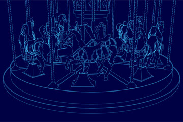 Poster - A blue image of a merry-go-round with horses. The horses are all in motion, and the ride appears to be a fun and exciting attraction