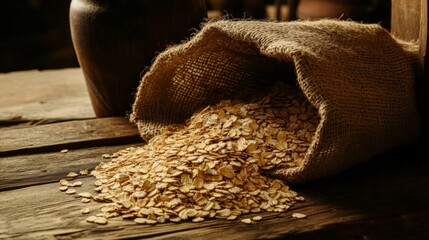 Poster - Golden oats spilling from a burlap sack onto a wooden table, capturing a rustic and natural look ideal for organic food themes