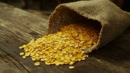 Poster - Golden oats spilling from a burlap sack onto a wooden table, capturing a rustic and natural look ideal for organic food themes