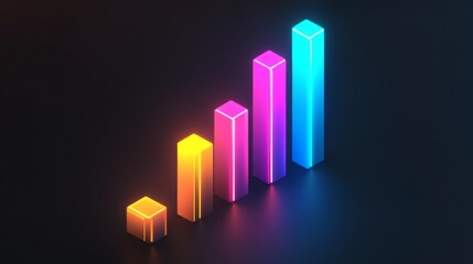 Wall Mural - Modern D bar chart with neon-colored bars and gradient lighting, set against a dark background for a futuristic look