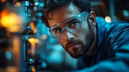 Poster - Man in Safety Goggles Inspecting Industrial Machinery, Focus on Precision Engineering and Modern Technology in a Workshop Environment
