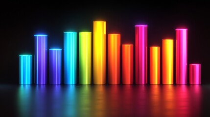 Wall Mural - Modern D bar chart with neon-colored bars and gradient lighting, set against a dark background for a futuristic look