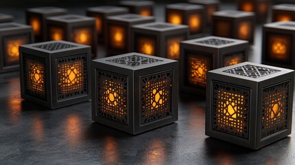Poster - Decorative lanterns illuminate a calm evening setting with warm orange glow and intricate designs