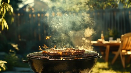 Wall Mural - Smoke rising from a barbecue grill filled with sizzling meat, with the smoky aroma wafting through a sunny backyard during a family gathering.