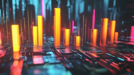 Poster - Stylized bar graph with glowing bars in neon colors, set against a dark, tech-inspired background for a dynamic and impactful graphic