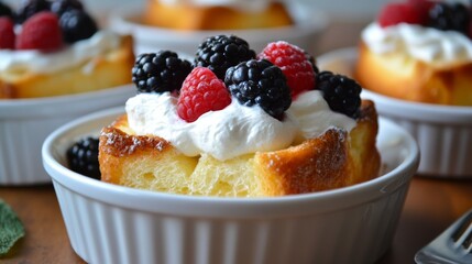 Aufkleber - Toasted brioche topped with whipped cream and berries, creating a delightful and inviting brunch setup on a rustic table