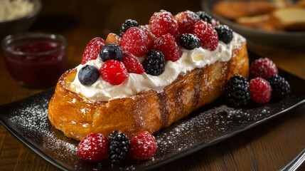 Aufkleber - Toasted brioche topped with whipped cream and berries, creating a delightful and inviting brunch setup on a rustic table