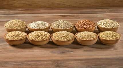 Poster - Variety of whole grains like quinoa, barley, and oats arranged in small bowls on a rustic wooden table, showing rich textures and earthy tones