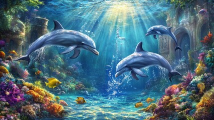 Poster - Underwater view of dolphins gliding through sunlit water, creating a calm and magical scene in their natural habitat