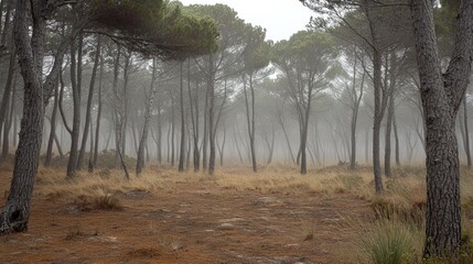 Aufkleber - Foggy forest with tall trees and dry grass ground
