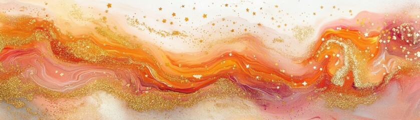 Aufkleber - Abstract painting featuring fluid orange pink and gold pigments