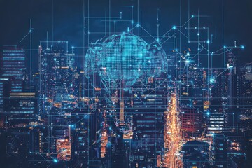Fototapete - Expansive AI-controlled futuristic city glowing with cyber-driven advancements.