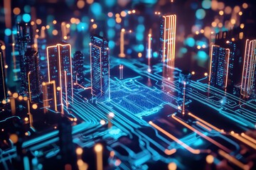 Poster - advanced futuristic skyline illuminated by intelligent technology , digital cityscape.