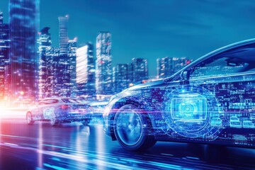 Poster - ai-powered transportation system navigating urban landscapes, connected through smart technology.