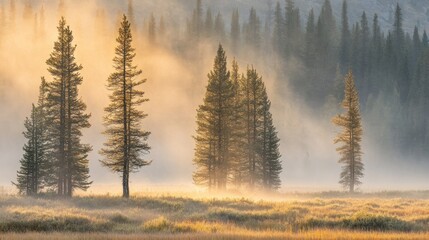 Poster - Trees stand amidst rising fog in a morning meadow