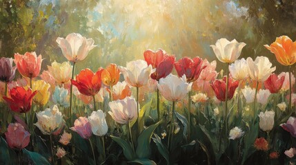 Canvas Print - Colorful tulip garden painted with light filtering through the trees