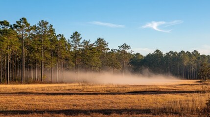 Poster - Morning fog blankets the dry meadow near the forest