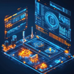 Poster - tech-integrated industry panel illustrating futuristic energy consumption models.
