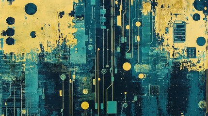Poster - Circuit board abstraction with teal lines and yellow accents