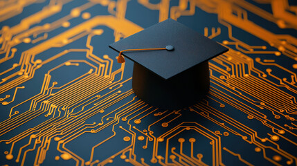 Poster - graduation cap on circuit board background, symbolizing technology and education