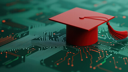 Poster - graduation cap on circuit board, symbolizing technology and education