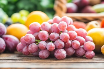 Poster - Fresh grapes and assorted fruits displayed on a rustic wooden table in natural light