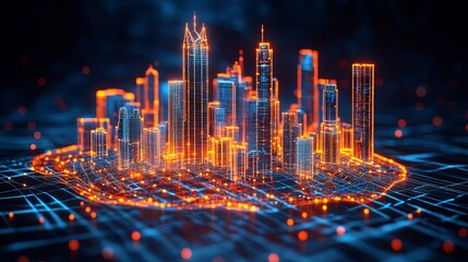 Poster - Digital cityscape with glowing lines depicting futuristic urban technology at night