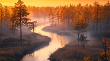 Poster - River winding through a forest at sunrise in a misty landscape